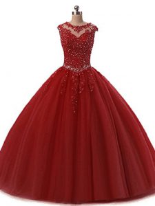 Ideal Scoop Sleeveless Lace Up Vestidos de Quinceanera Wine Red Tulle