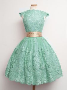 Romantic Turquoise Lace Lace Up Square Cap Sleeves Knee Length Damas Dress Belt