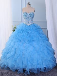 Sweetheart Sleeveless Organza 15 Quinceanera Dress Beading and Embroidery and Ruffled Layers Lace Up