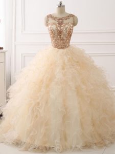 Champagne Sleeveless Beading and Ruffles Lace Up Sweet 16 Quinceanera Dress