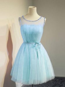 Best Scoop Sleeveless Dama Dress for Quinceanera Knee Length Belt Aqua Blue Tulle