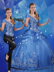 Organza Off The Shoulder Cap Sleeves Lace Up Beading and Embroidery Ball Gown Prom Dress in Blue