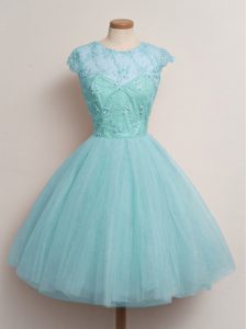 High Class Ball Gowns Dama Dress for Quinceanera Aqua Blue Scoop Tulle Cap Sleeves Knee Length Lace Up