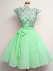 Artistic Apple Green Chiffon Lace Up Scalloped Cap Sleeves Knee Length Dama Dress for Quinceanera Lace and Belt