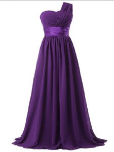 Hot Sale Purple Lace Up One Shoulder Ruching Quinceanera Court Dresses Chiffon Sleeveless