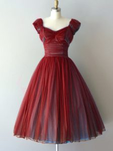 Rust Red Chiffon Lace Up Dama Dress Cap Sleeves Knee Length Ruching