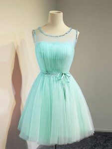 Sleeveless Tulle Knee Length Lace Up Vestidos de Damas in Apple Green with Belt