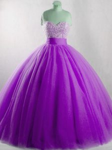 Eggplant Purple Sweetheart Lace Up Beading 15th Birthday Dress Sleeveless