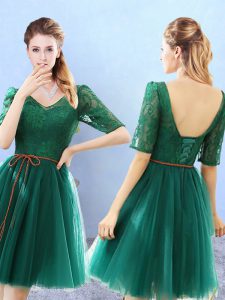Green Half Sleeves Tulle Backless Quinceanera Dama Dress for Prom and Party