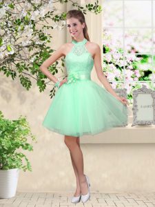 Trendy Apple Green A-line Tulle Halter Top Sleeveless Lace and Belt Knee Length Lace Up Quinceanera Court Dresses