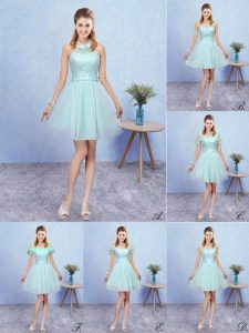 Stunning Cap Sleeves Tulle Mini Length Lace Up Vestidos de Damas in Aqua Blue with Appliques