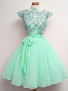 Traditional A-line Quinceanera Court Dresses Apple Green Scalloped Chiffon Cap Sleeves Knee Length Lace Up