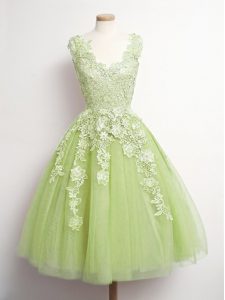 Extravagant Sleeveless Knee Length Appliques Lace Up Quinceanera Court of Honor Dress with Yellow Green
