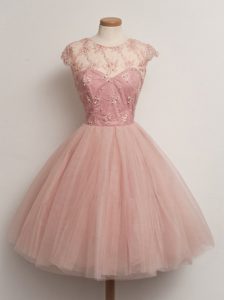 Lovely Knee Length Peach Quinceanera Dama Dress Tulle Cap Sleeves Lace