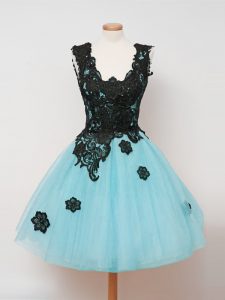Custom Designed Tulle Straps Sleeveless Zipper Lace Dama Dress for Quinceanera in Aqua Blue