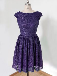 Cap Sleeves Lace Knee Length Lace Up Dama Dress in Purple with Lace