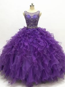 Charming Scoop Sleeveless Organza Quince Ball Gowns Beading and Ruffles Lace Up