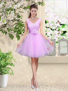 Excellent Lilac V-neck Neckline Lace and Belt Quinceanera Court Dresses Sleeveless Lace Up