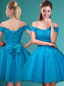 Off The Shoulder Cap Sleeves Quinceanera Court Dresses Knee Length Lace and Belt Aqua Blue Tulle