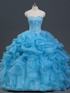 Best Selling Baby Blue Ball Gowns Sweetheart Sleeveless Organza Floor Length Lace Up Beading and Ruffles and Pick Ups Sweet 16 Dress