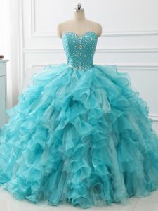 Top Selling Sleeveless Beading and Ruffles Lace Up Quinceanera Gowns with Aqua Blue Brush Train