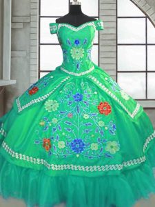 Green Ball Gowns Beading and Embroidery Vestidos de Quinceanera Lace Up Taffeta Short Sleeves Floor Length