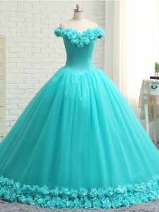 Delicate Aqua Blue Ball Gowns Hand Made Flower Quinceanera Gowns Lace Up Tulle Sleeveless