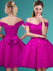 Fantastic Fuchsia Cap Sleeves Lace and Belt Knee Length Court Dresses for Sweet 16