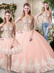 Tulle Sleeveless Floor Length Sweet 16 Quinceanera Dress and Beading and Lace and Appliques