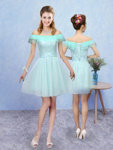 Colorful Off The Shoulder Cap Sleeves Lace Up Dama Dress for Quinceanera Aqua Blue Tulle