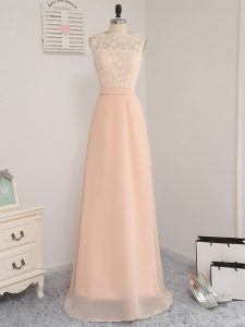 Floor Length Backless Quinceanera Court Dresses Peach for Prom and Party with Lace