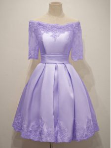 Cute Half Sleeves Knee Length Lace Lace Up Quinceanera Dama Dress with Lavender