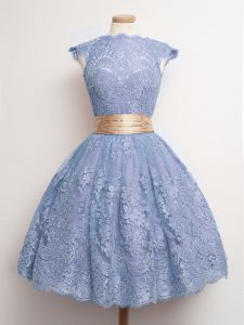 On Sale Lace High-neck Cap Sleeves Lace Up Belt Court Dresses for Sweet 16 in Blue
