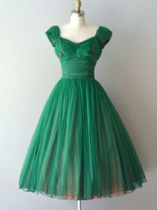 Green A-line V-neck Cap Sleeves Chiffon Knee Length Lace Up Ruching Quinceanera Court of Honor Dress