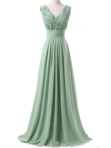 Sleeveless Floor Length Ruching Lace Up Damas Dress with Apple Green