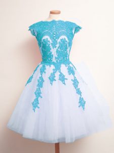 Gorgeous Blue And White Scalloped Neckline Appliques Quinceanera Dama Dress Sleeveless Lace Up