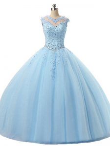 Charming Light Blue Tulle Lace Up Scoop Sleeveless Floor Length Quinceanera Gowns Beading and Lace