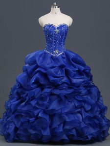 Sleeveless Organza Floor Length Lace Up Quinceanera Dress in Royal Blue with Beading and Ruffles and Pick Ups