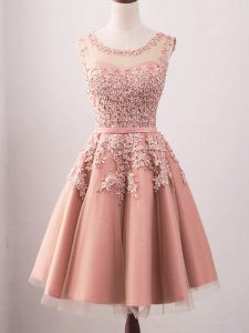 Pink Lace Up Scoop Lace Court Dresses for Sweet 16 Tulle Sleeveless