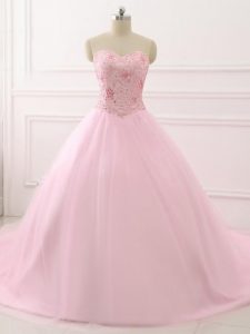 Custom Fit Baby Pink Sleeveless Beading Lace Up Quinceanera Gown