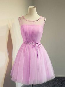 Tulle Scoop Sleeveless Lace Up Belt Dama Dress in Lilac
