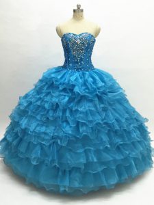 Custom Fit Teal Sweetheart Lace Up Beading and Ruffles Quince Ball Gowns Sleeveless