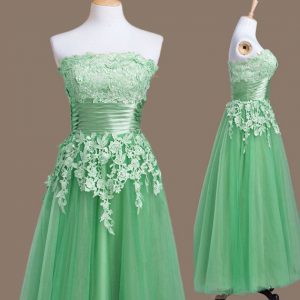 Tulle Strapless Sleeveless Lace Up Appliques Dama Dress in Green
