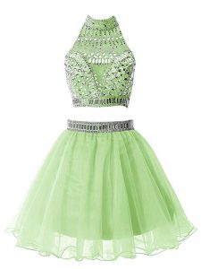 Unique Sleeveless Organza Knee Length Zipper Damas Dress in Yellow Green with Beading