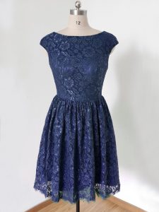 Sophisticated Royal Blue Empire Scoop Cap Sleeves Lace Knee Length Lace Up Lace Dama Dress