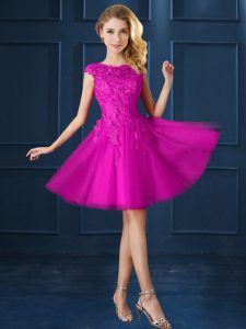 New Style Knee Length Lace Up Quinceanera Dama Dress Fuchsia for Prom and Party with Lace and Belt