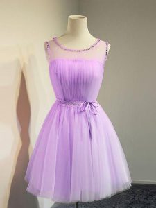 Lavender Tulle Lace Up Quinceanera Dama Dress Sleeveless Knee Length Belt