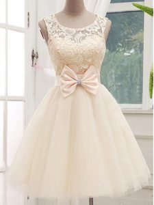 Fashion Champagne Tulle Lace Up Vestidos de Damas Sleeveless Knee Length Lace and Bowknot