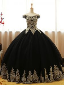 Fitting Black Ball Gowns Appliques Sweet 16 Dresses Lace Up Tulle Sleeveless Floor Length
