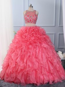 Hot Pink Scoop Lace Up Beading and Ruffles Quinceanera Gown Sleeveless